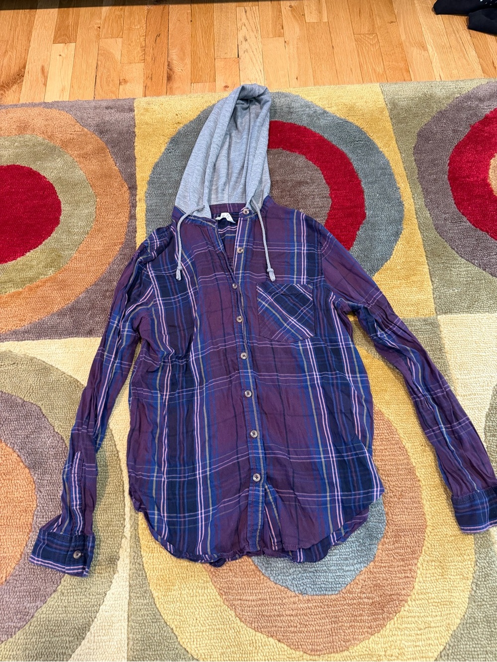 Mudd Flannel Plaid Button Down Shirt with Hood Hoodie Y2K Style Junior’s Medium